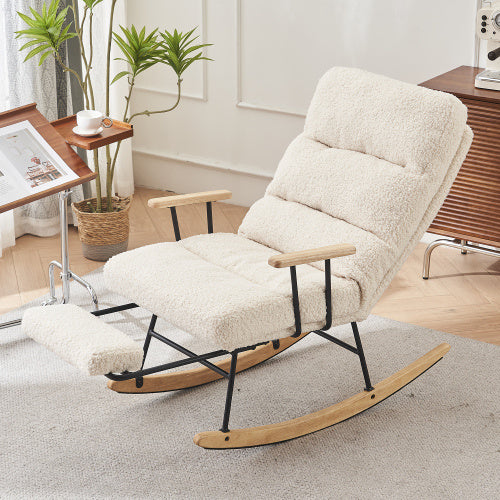 Modern Teddy Gliding Rocking Chair With High Back, Retractable Footrest, And Adjustable Back Angle For Nursery, Living Room, And Bedroom,Beige