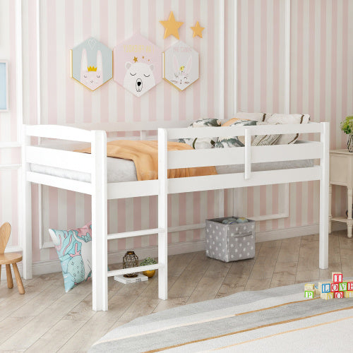 White Twin Wood Low Loft Bed with Ladder for Kids