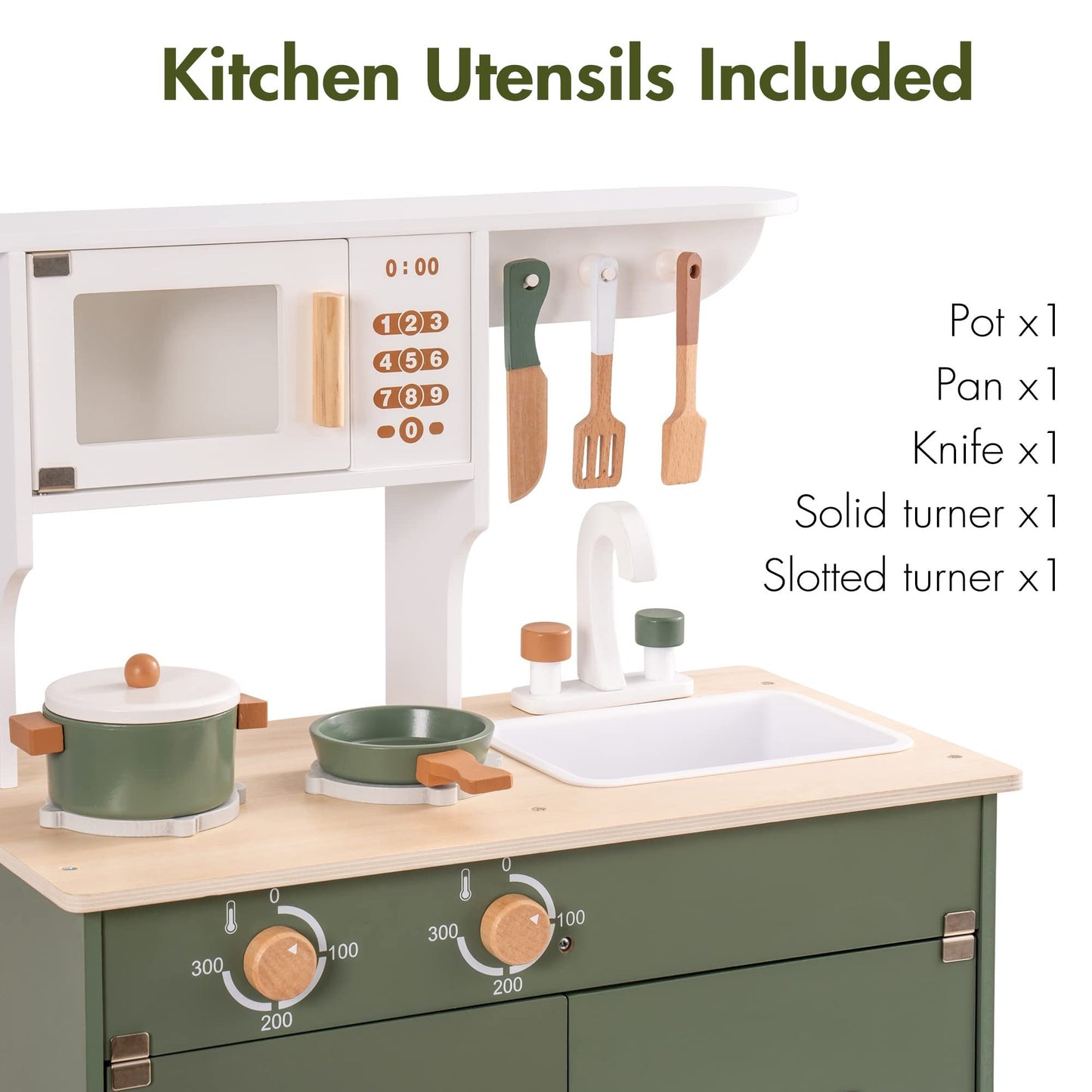 ROBUD Green Wooden Kitchen Toy Set With Accessories Chef Pretend Playset For Kid