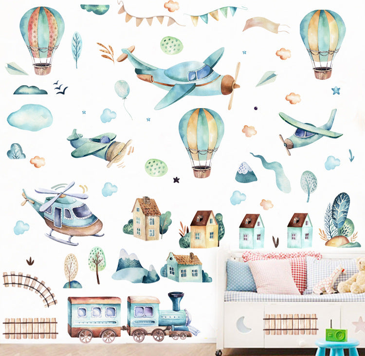 Hot Air Balloon Train Wall Stickers Children Wall Decoration Self-adhesive Waterproof