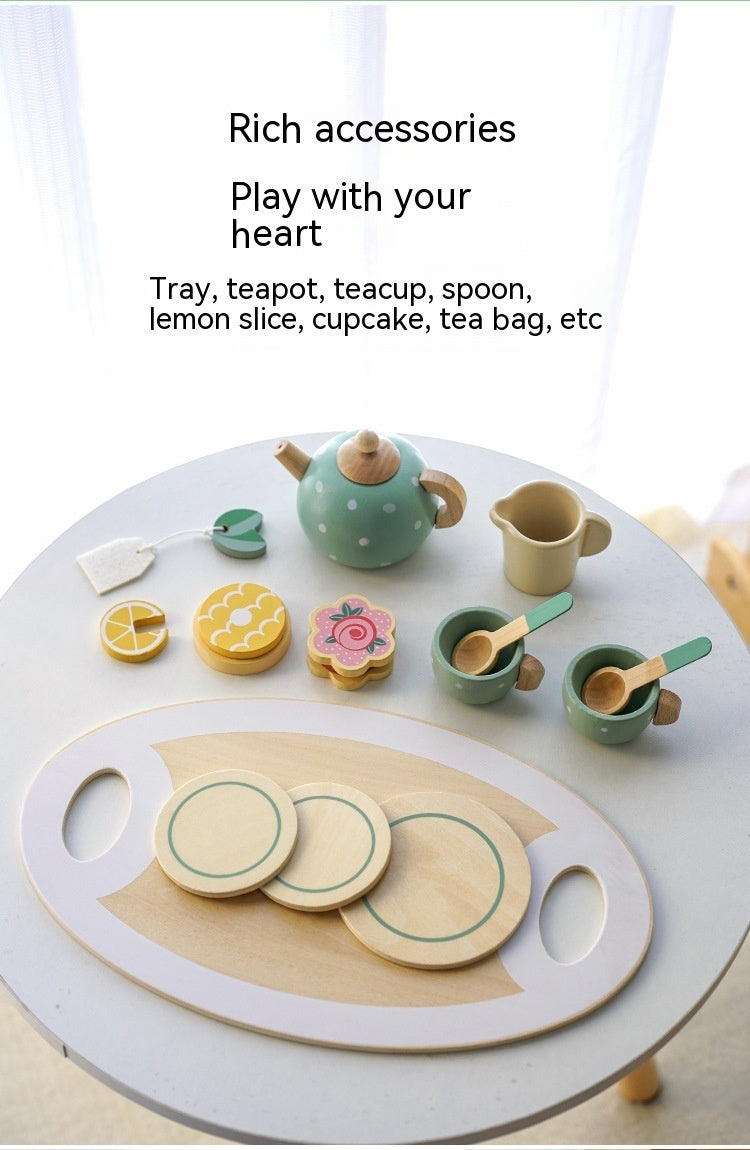 Children Play House Early Education Simulation Afternoon Tea Dessert Cake Sale Tea Making Pot And Cup Tea Set Suit Wooden Toys