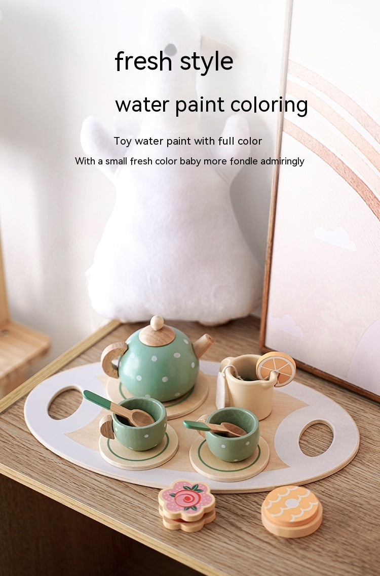 Children Play House Early Education Simulation Afternoon Tea Dessert Cake Sale Tea Making Pot And Cup Tea Set Suit Wooden Toys