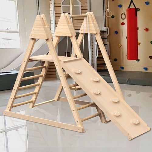 4-in-1 Juniper Indoor Play Gym - Jungle Gym Playset With Baby Swing, Slide, Ladder, And Climbing Wall - Foldable Wooden Playset - Indoor Jungle Gym For Kids