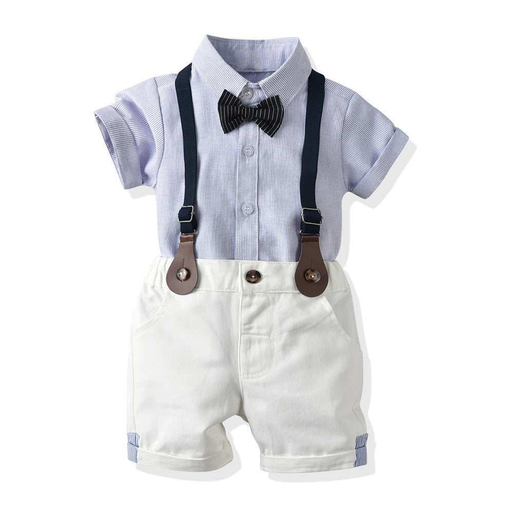 Boys' Short Sleeve Striped Shirt And Bib Two Piece Set