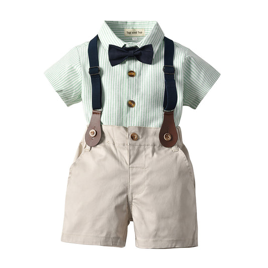 Boys' Short Sleeve Striped Shirt And Bib Two Piece Set