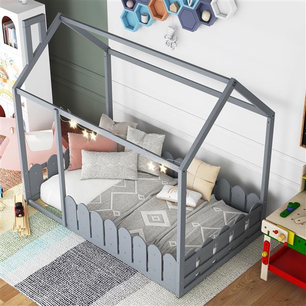 Double Wooden Bed House Bed Frame With Fence For Children, Teenagers, Girls, Boys - Slats Not Included