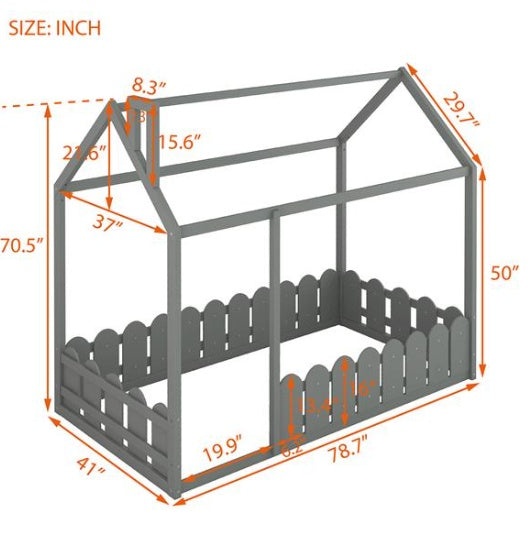 Double Wooden Bed House Bed Frame With Fence For Children, Teenagers, Girls, Boys - Slats Not Included