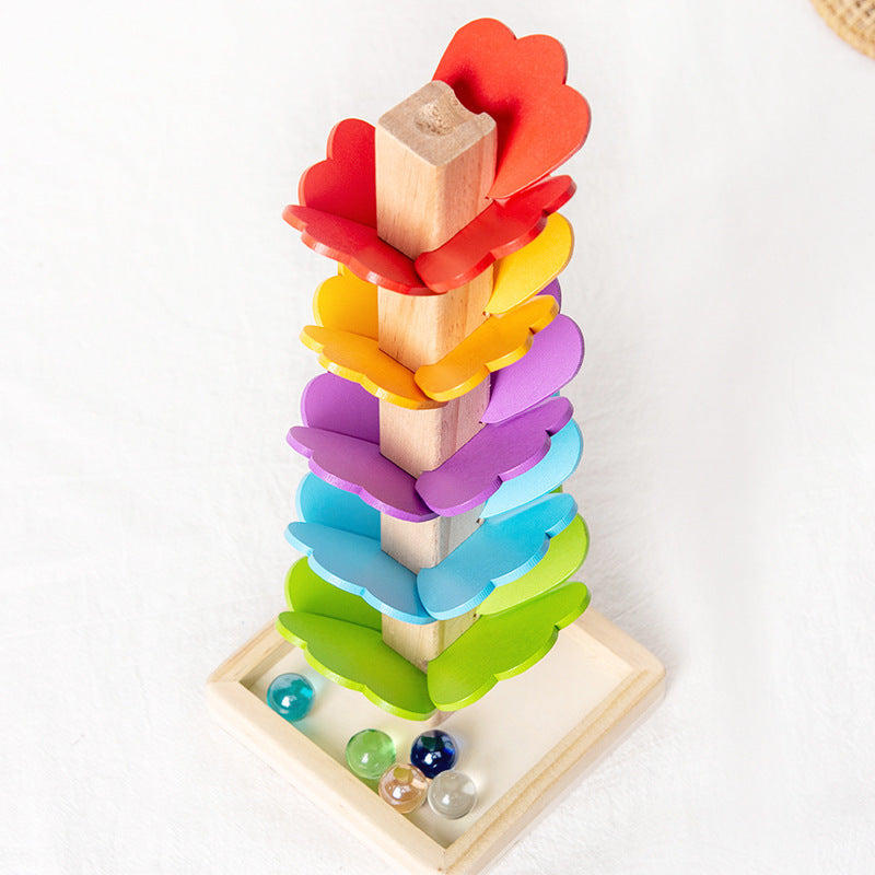 Early Childhood Education Leaves Tower Grounder Inverted Beads Game Assembling And Combined Toy Wooden