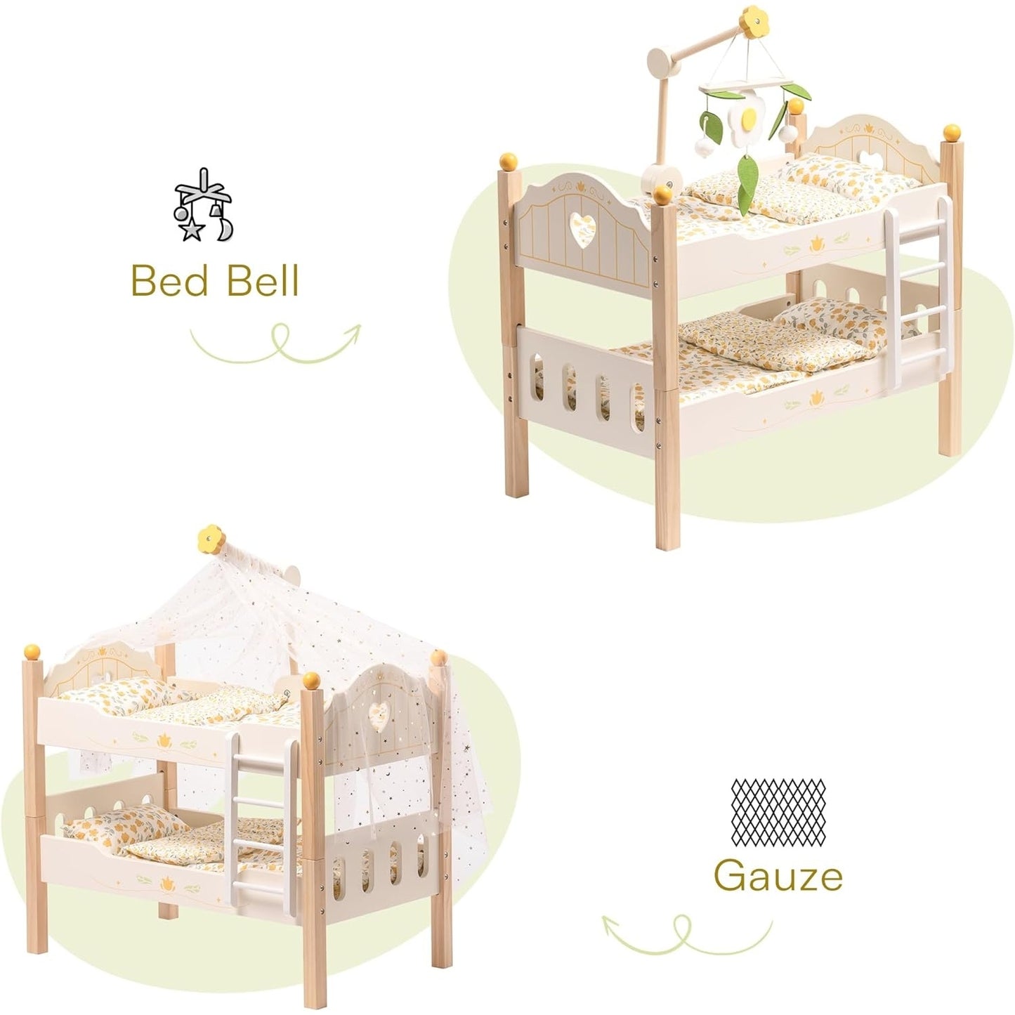 ROBOTIME Wooden Baby Doll Beds Doll Bunk Bed Cradle With Ladder For 18in Dolls